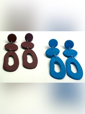 Clay Statement Earrings Bundle Blue Burgundy Abstract Dangle Lightweight